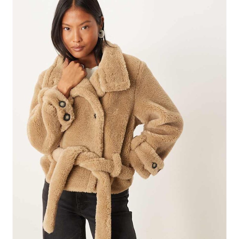 ASOS Petite ASOS DESIGN Petite borg cropped trench coat in oatmeal 108143465