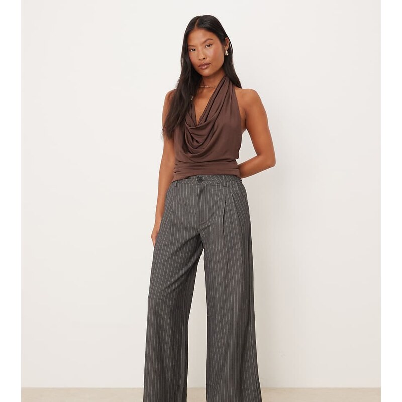 JDY Petite tailored wide leg trouser in grey pinstripe