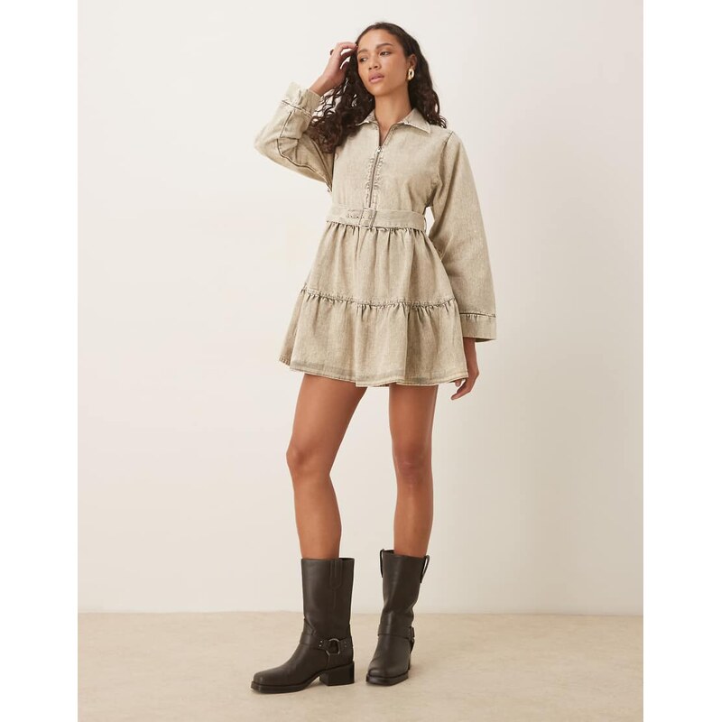 ASOS DESIGN heavy twill belted mini shirt dress with tiered