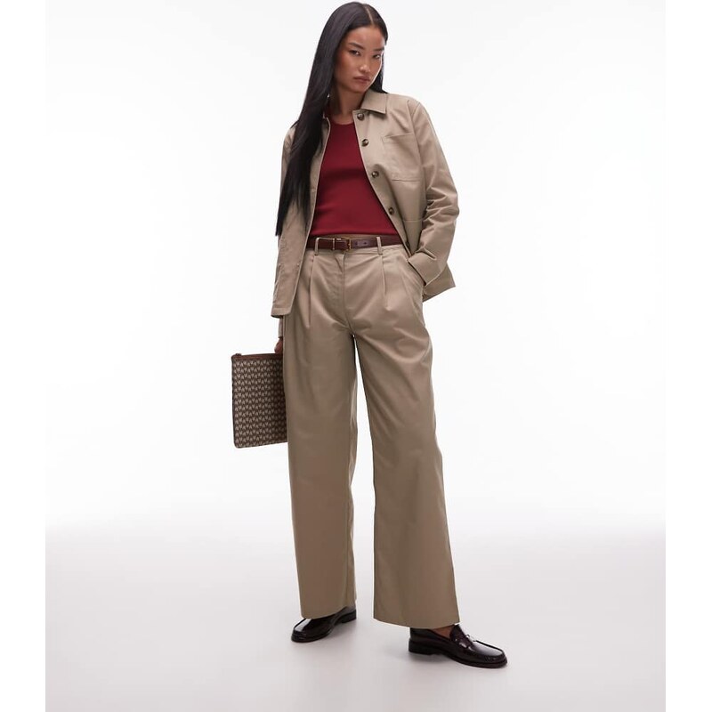 AWARE pleat front tailored wide leg trouser co-ord in stone-Neutral 108143519