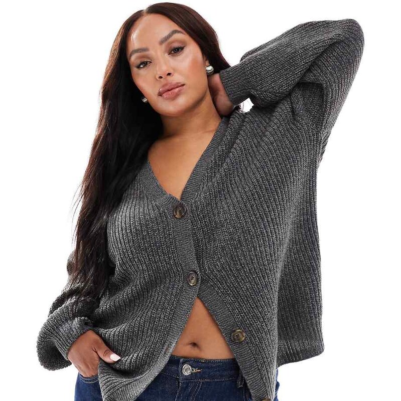 Vero Moda Curve button through chunky rib cardigan in ashphalt grey 108143543