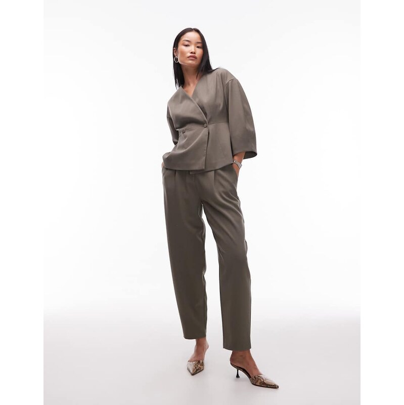 AWARE high waist barrel leg tailored trouser co-ord in covert