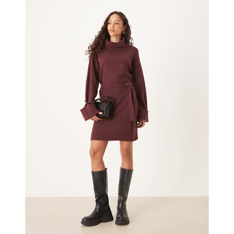 Vila tie waist high neck knitted mini dress in burgundy-Red