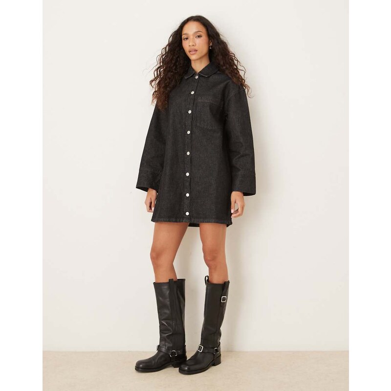 ASOS DESIGN denim mini long sleeve shirt dress in black
