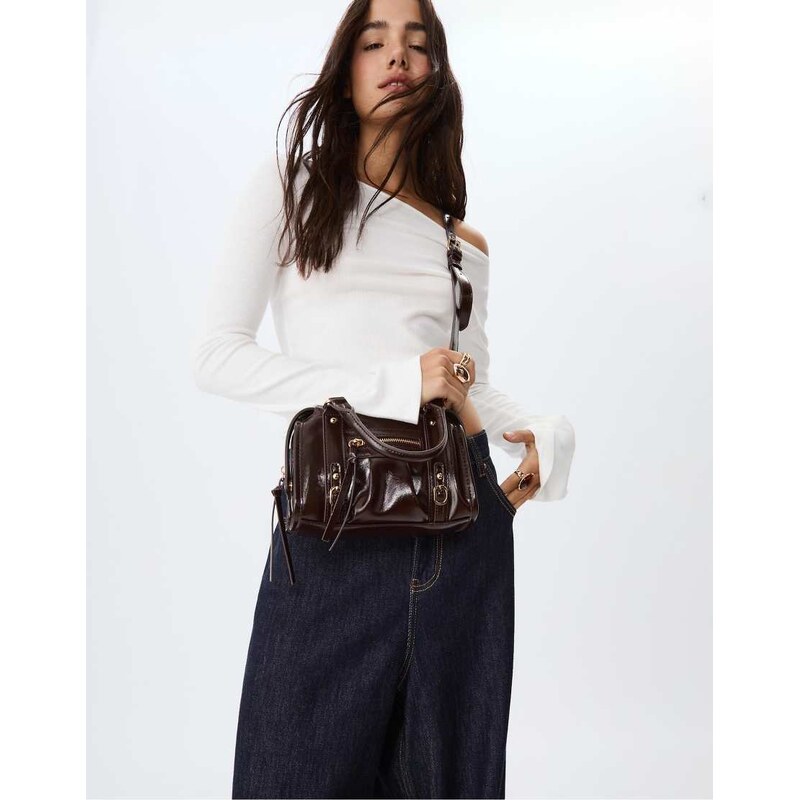 Stradivarius Faux leather crossbody bowling bag in brown