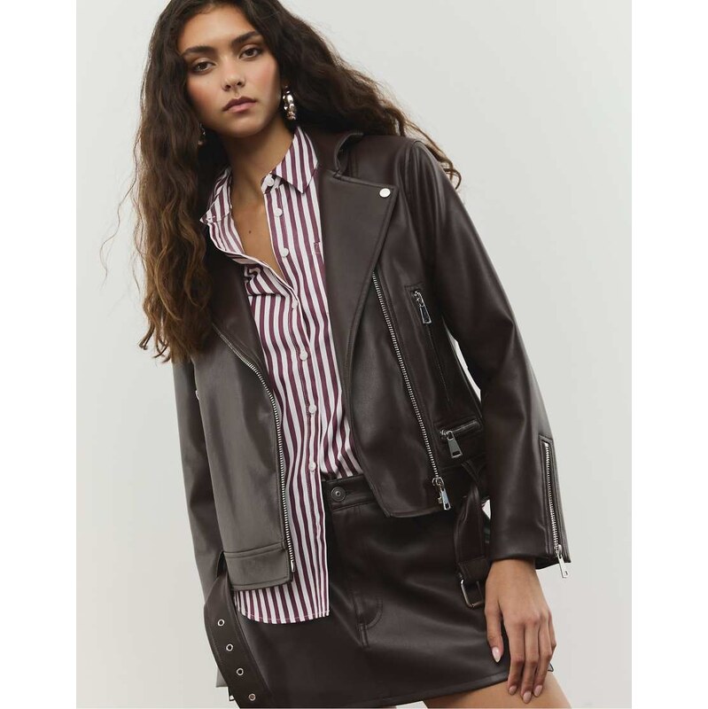 Stradivarius Faux leather biker jacket in brown