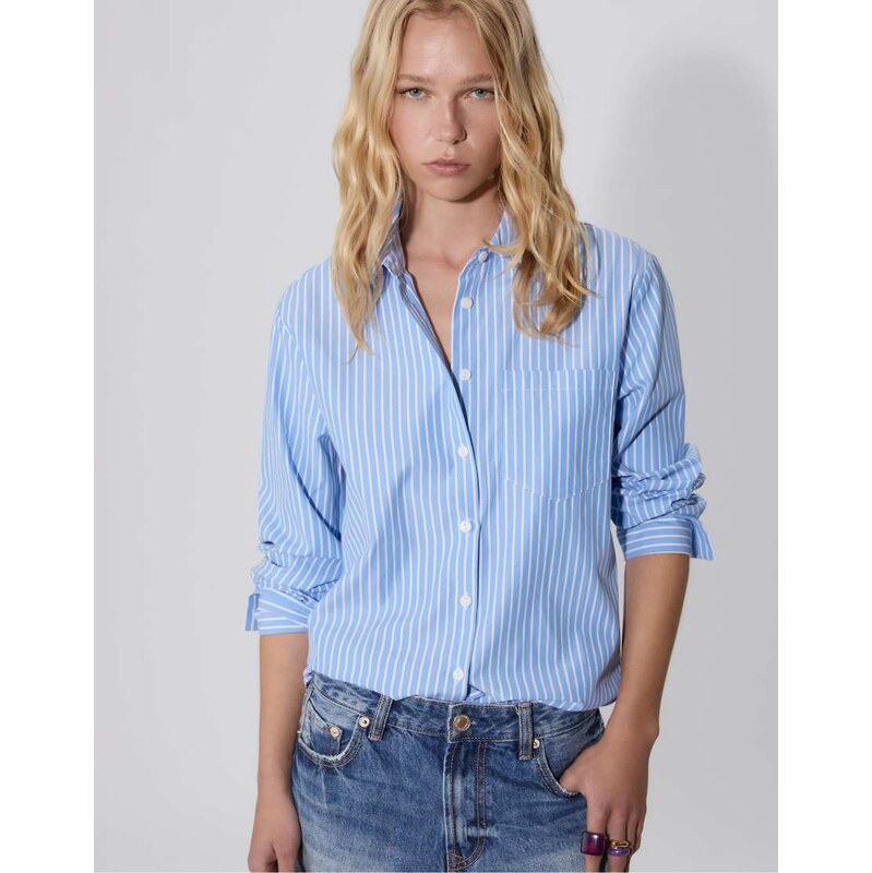 Stradivarius Basic striped poplin shirt with pocket in denim blue 108143682