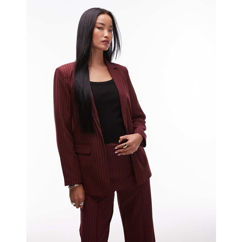 Pieces tailored blazer co-ord in burgundy pinstripe
