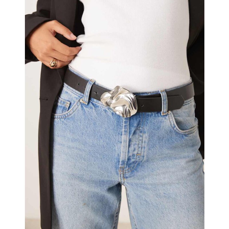 ASOS DESIGN waist and hip belt with hammered buckle in black 108145965