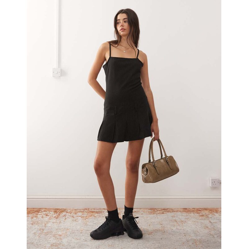 Collusion 90s pinstripe pleated dropped waist mini dress in pinstripe 108145979
