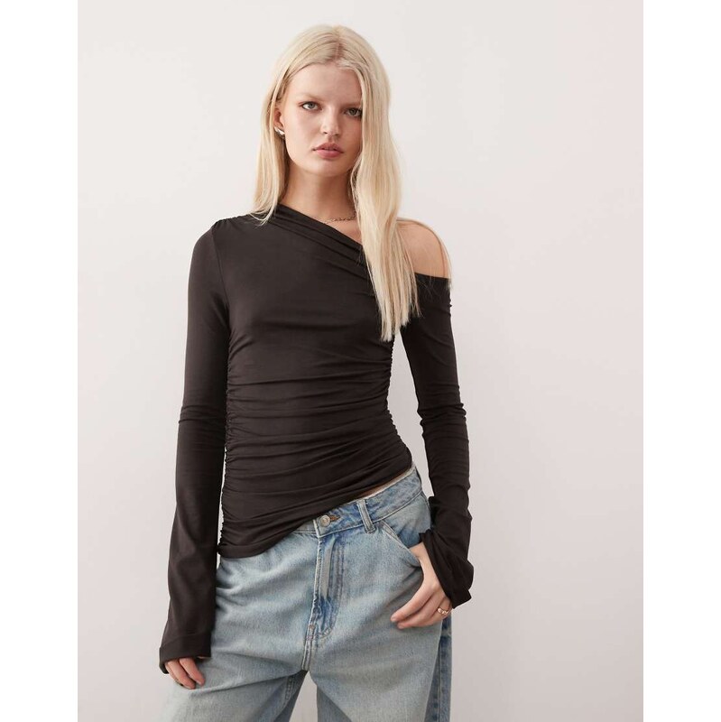 Weekday asymmetric shoulder long sleeve top in dark brown