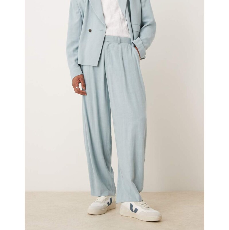 ASOS DESIGN barrel leg linen blend suit trousers in light blue