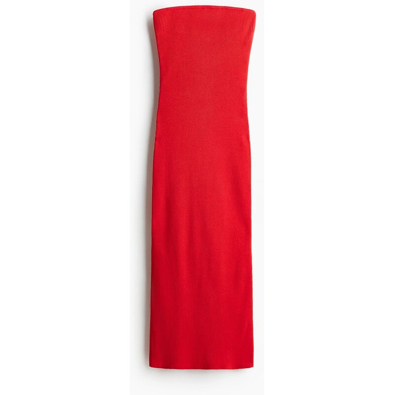 H&M - Žebrované šaty tube dress bez ramínek - Jasně Červená