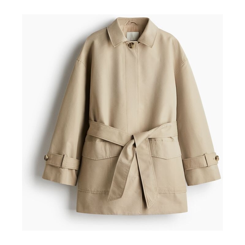 H&M - Krátký keprový kabáts vázacím páskem - Béžová