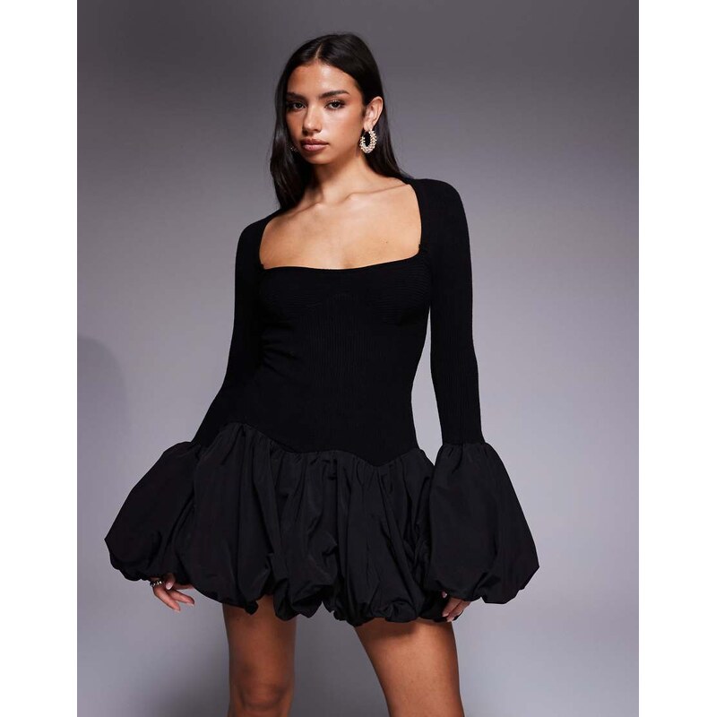 ASOS LUXE knitted mini dress with bubble hem and cuff in black