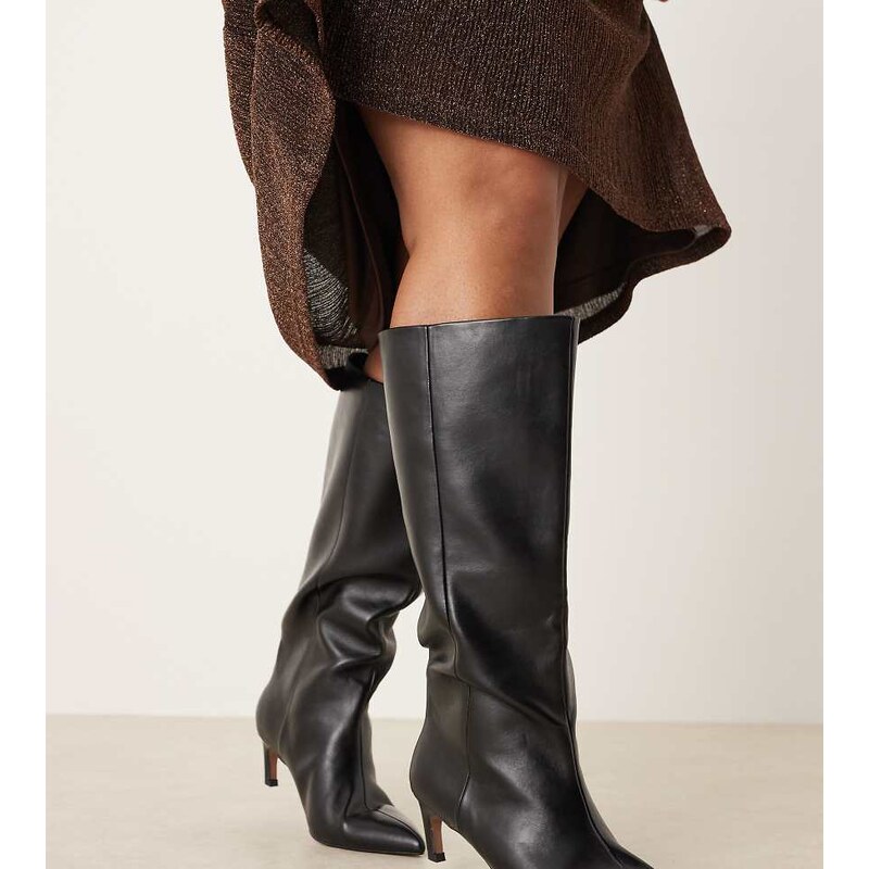 ASOS DESIGN Curve Carmel pull-on kitten heeled knee boots in black 108218868