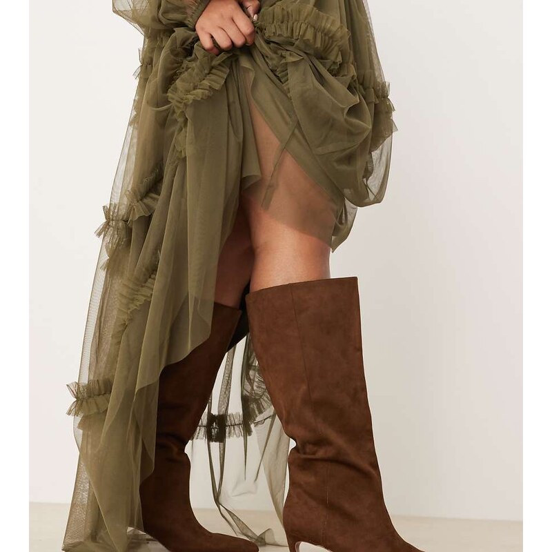 ASOS DESIGN Curve Carmel pull-on kitten heeled knee boots in chocolate 108218869