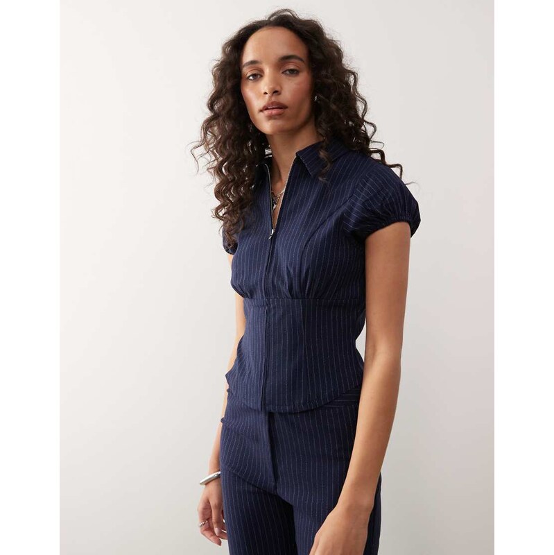 COLLUSION tailored pinstripe zip-front shirt in navy