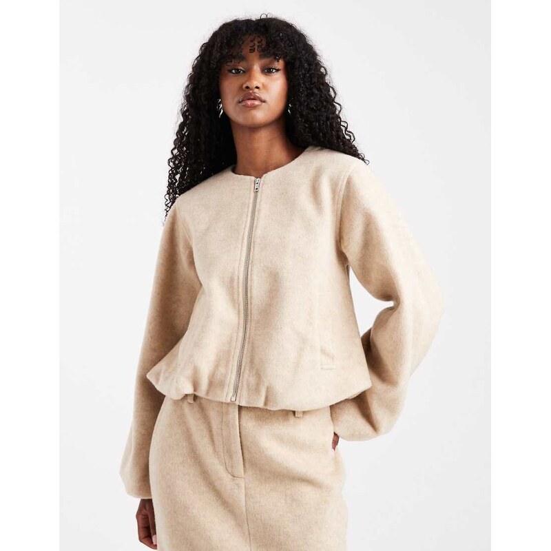 4th & Reckless wool feel balloon sleeve collarless bomber jacket co 108209043