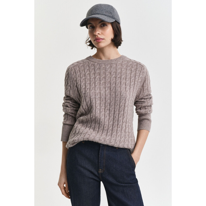 SVETR GANT WOOL CABLE KNIT C-NECK TAUPE BEIGE 108147449
