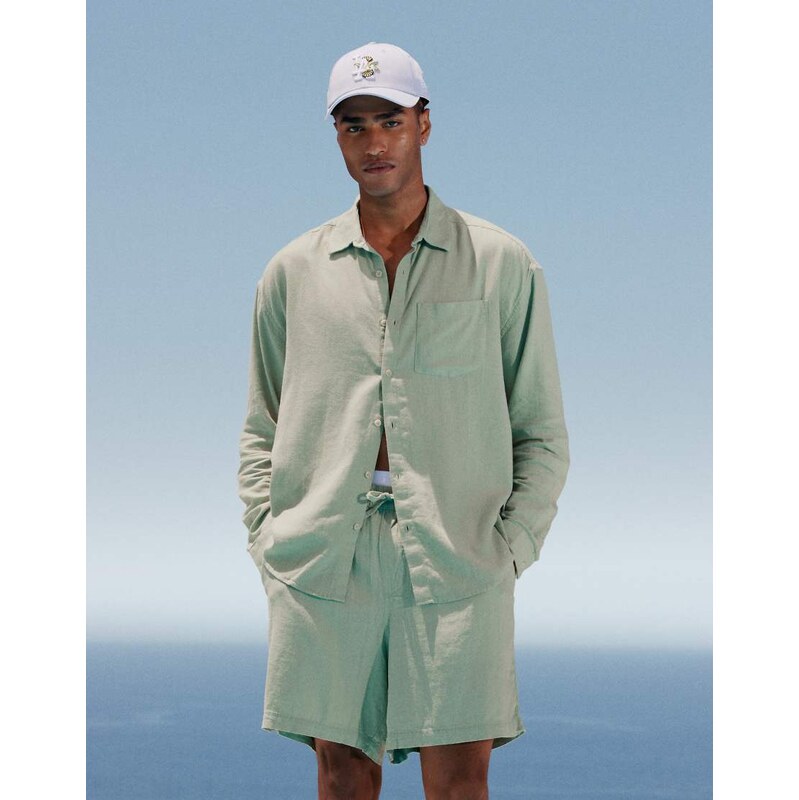 New Look long sleeve floaty linen look shirt co-ord in light