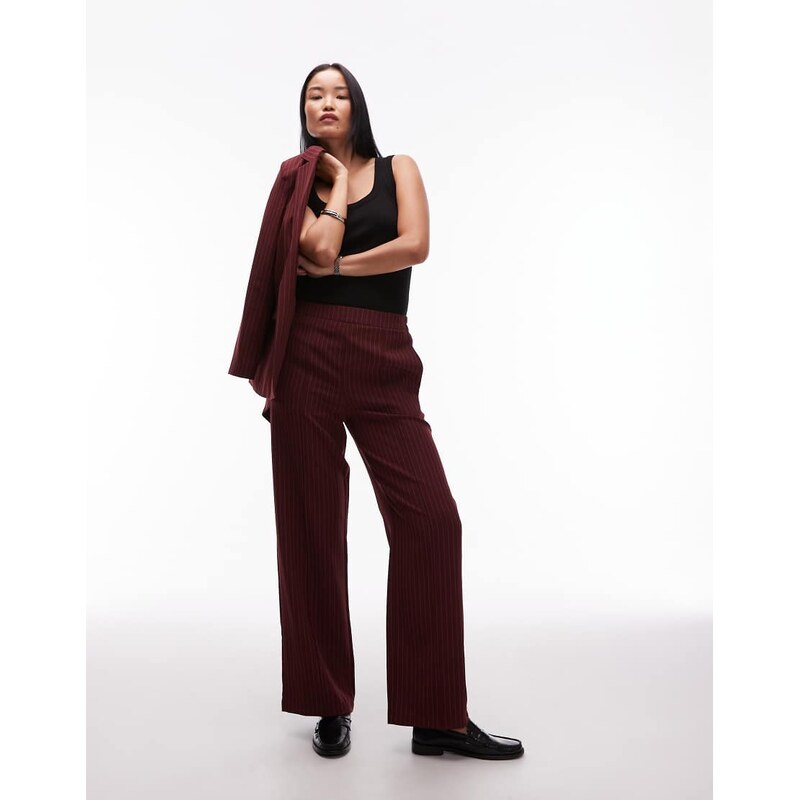 Pieces tailored trousers co-ord in burgundy pinstripe
