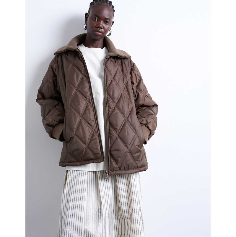 Topshop spread rib collar liner jacket in chocolate-Brown
