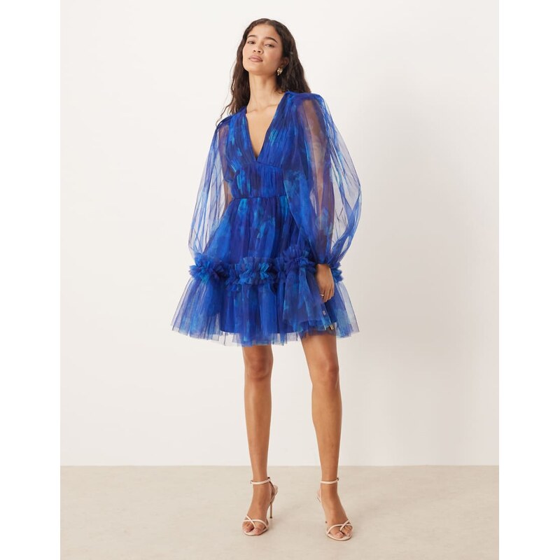 Lace & Beads balloon sleeve organza mini dress in blurred cobalt
