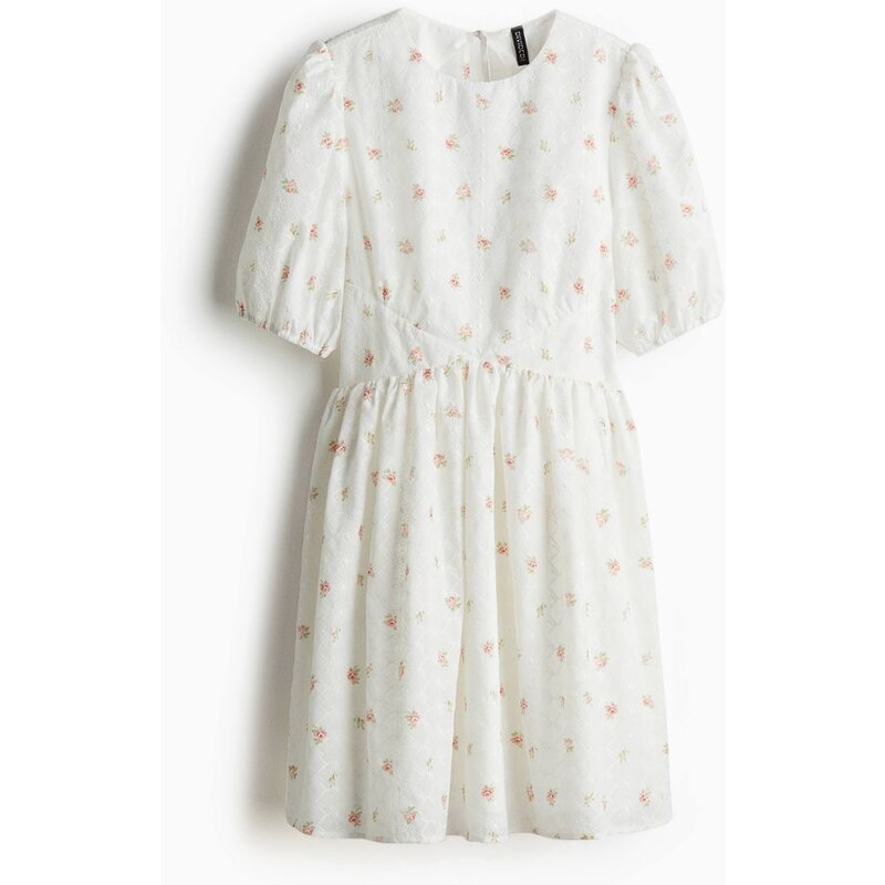 H&M - Vyšívané šaty odhalující záda - Bílá/Květiny