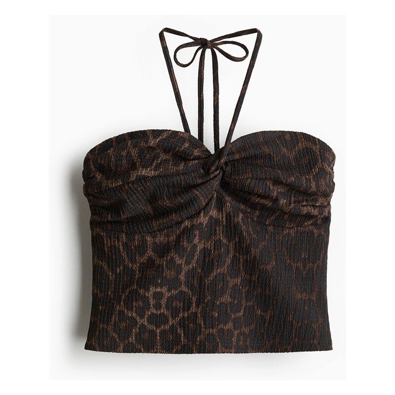 H&M - Short halterneck top - Černá/Leopardí Potisk