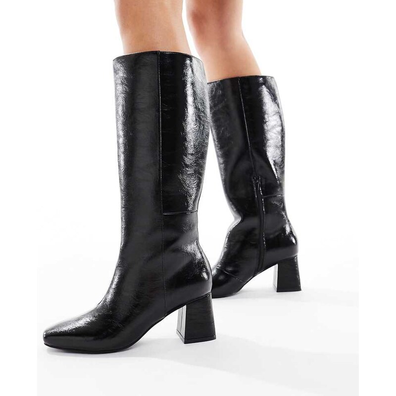 London Rebel Wide Fit Nova block heeled knee boots in black