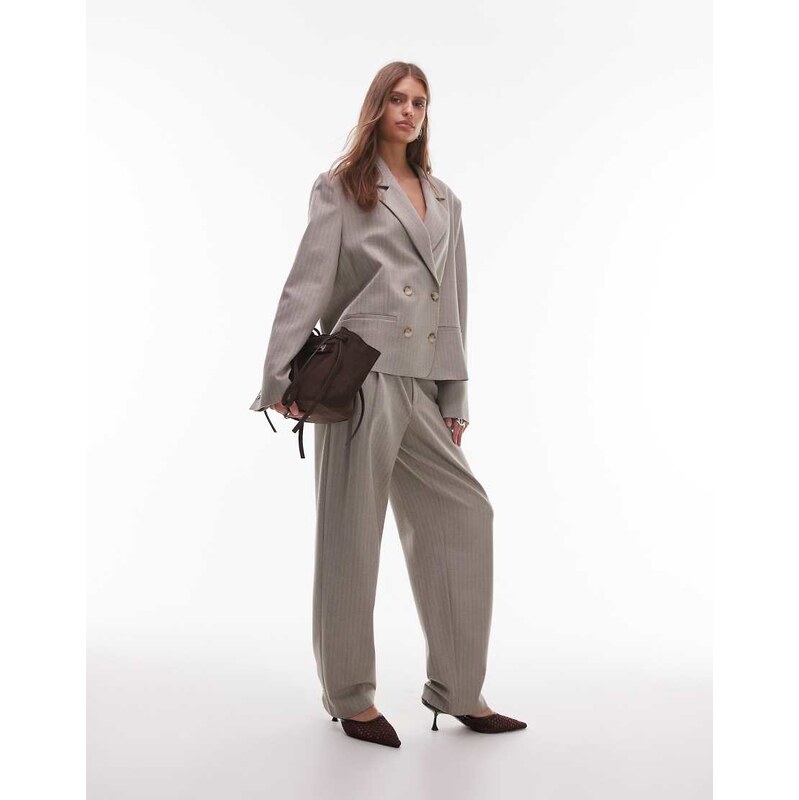 ASOS DESIGN tailored belted tapered leg trouser in brown herrinbone 109594192
