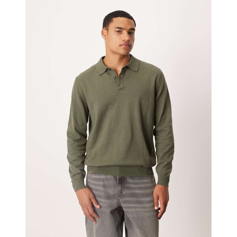 ASOS DESIGN relaxed long sleeve knitted polo in khaki-Green