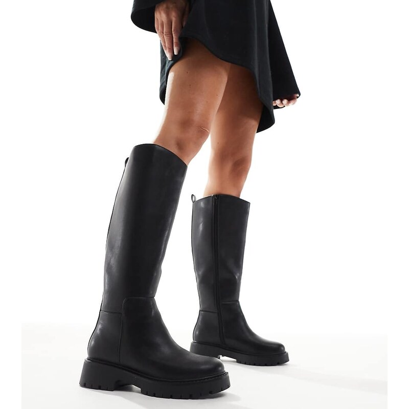 London Rebel Wide Fit Olivia chunky knee boots in black