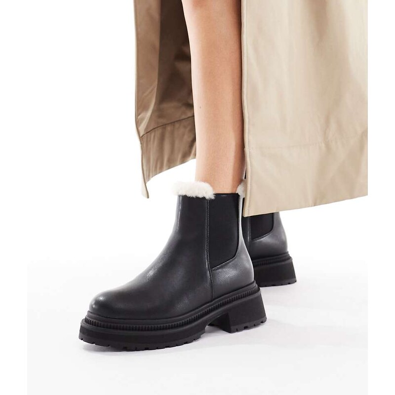 London Rebel Wide Fit Emma teddy lined chunky chelsea boots in