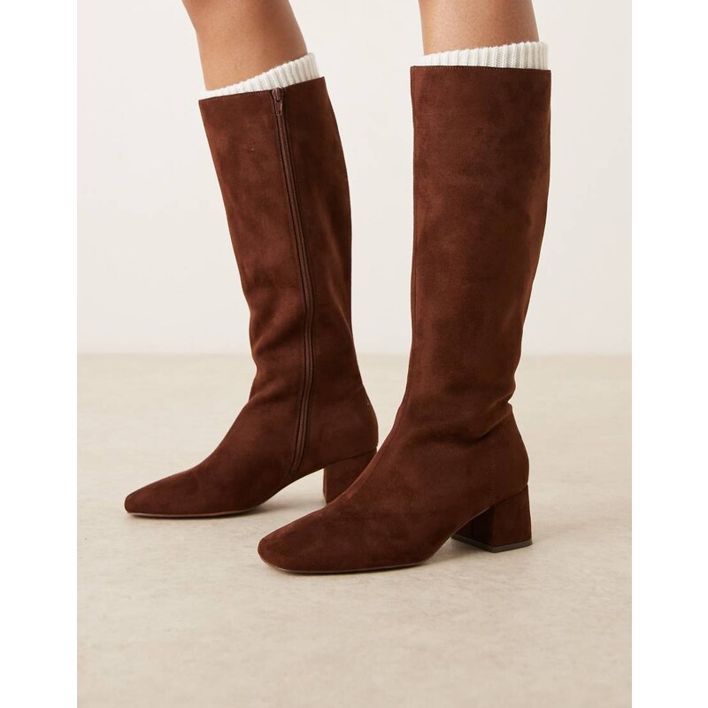 ASOS DESIGN Canary block heeled knee boots in chocolate suedette-Brown 113261896