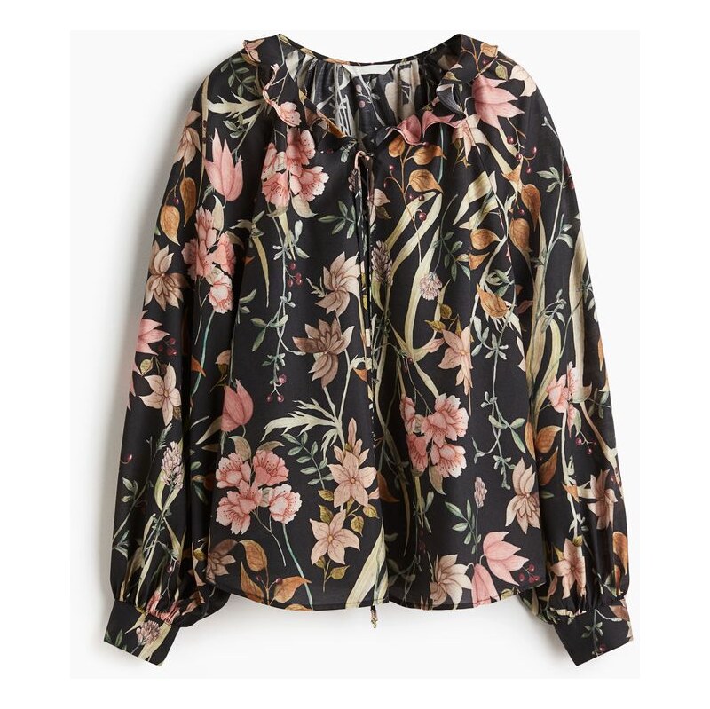 H&M - Halenkas volánkovým límečkem - Černá/Květy