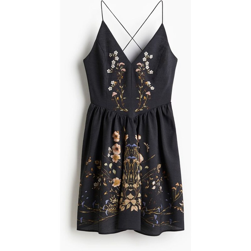 H&M - Šatys rozšířenou sukní - Černá/Květy