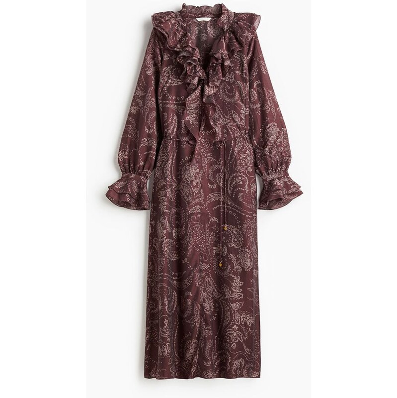 H&M - Volánkové šaty - Vínová/Kašmírový Vzor