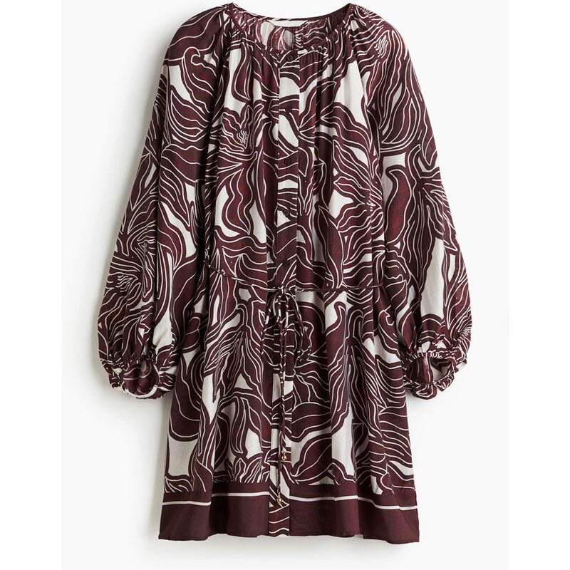 H&M - Oversized šatys vázacím páskem - Bílá/Vínové Květy