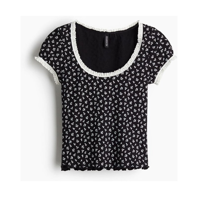 H&M - Tops krajkovým lemem - Černá/Květy