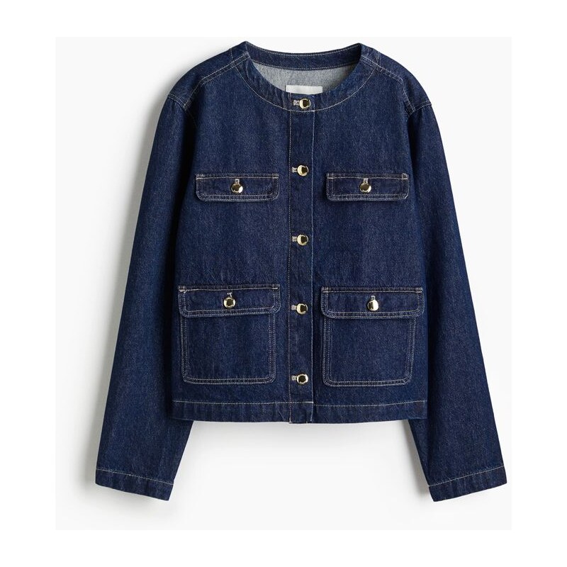 H&M - Džínová bunda bez límce - Tmavý Denim Blue