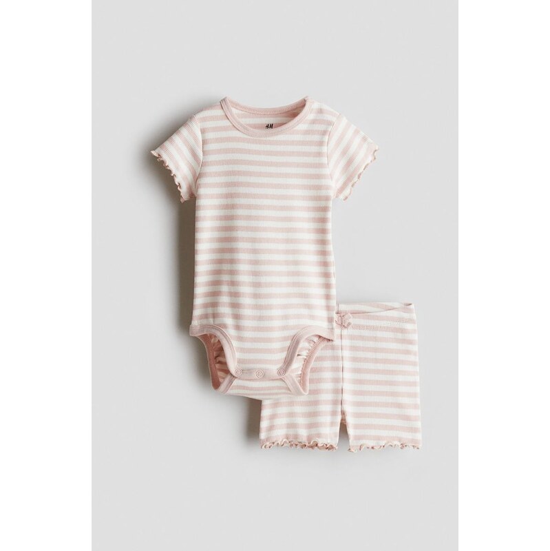 H&M - 2dílná souprava z žebrované bavlny - Světle Růžová/Proužky