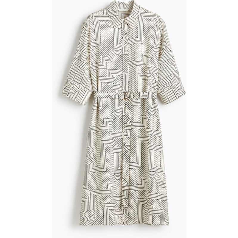 H&M - Košilové šatys páskem - Krémová/Vzor