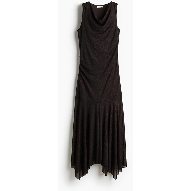 H&M - Draped mesh dress - Tmavě Hnědá/Leopardí Potisk