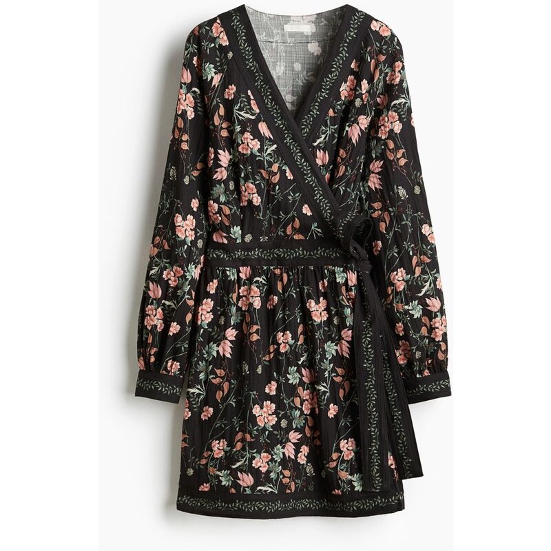 H&M - Zavinovací šaty - Černá/Květy