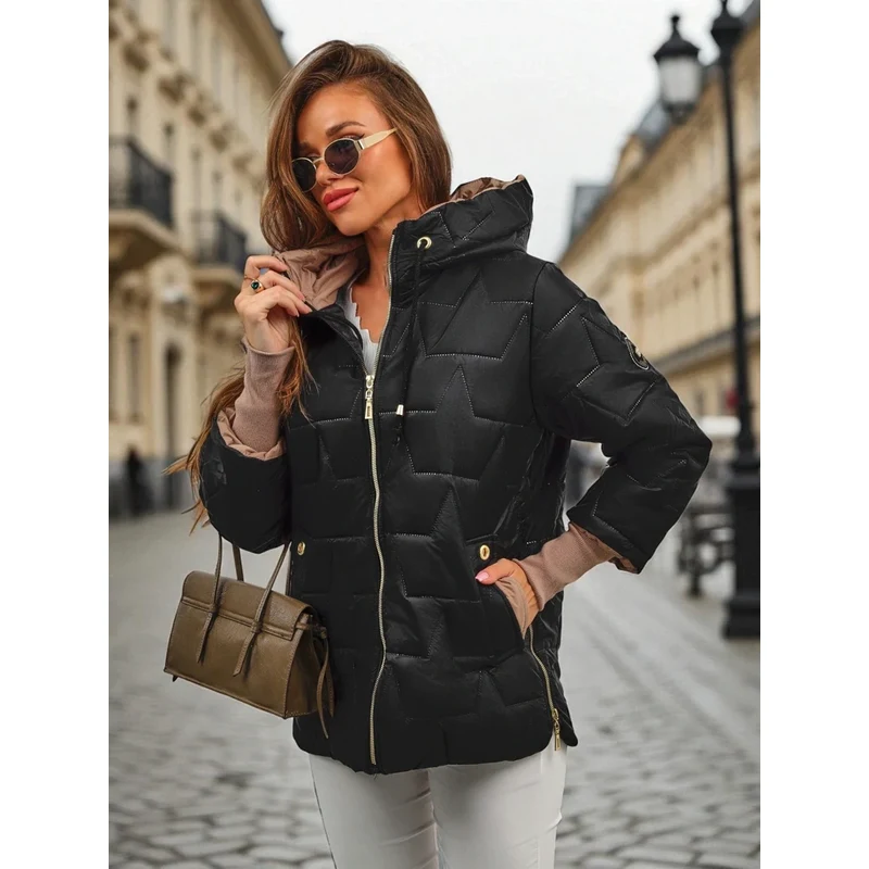 Resti Womens Quilted Jacket with Hood and Cuffs on Sleeves Stone