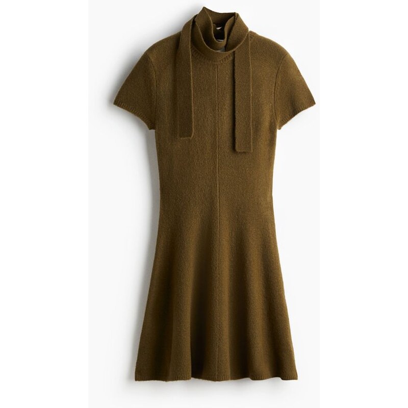 H&M - Pletené šatys šálovým detailem - Tmavě Zelená Khaki