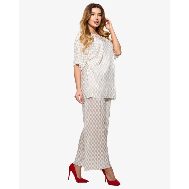 Resti Beige womens pleated patterned set - Clothing 108165387
