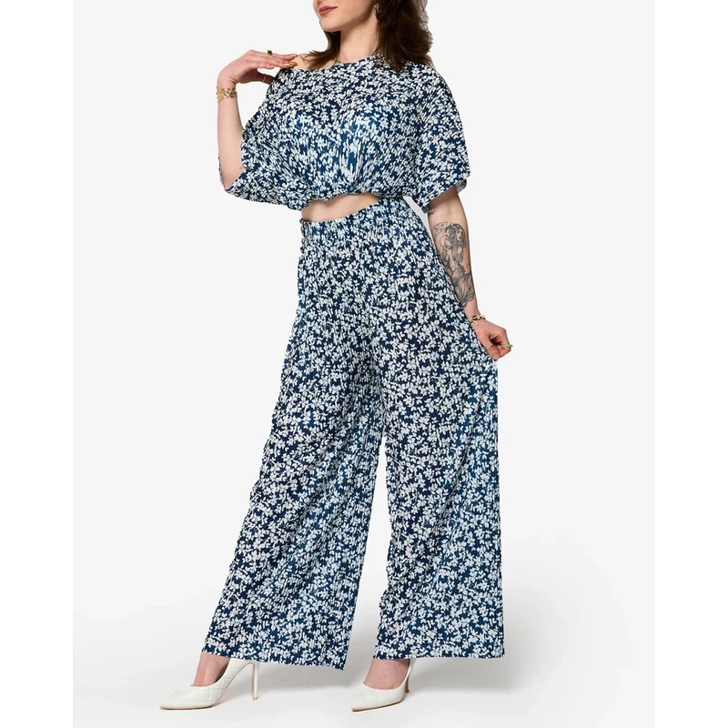 Resti Womens navy blue pleated set with black flowers - Clothing 108165407
